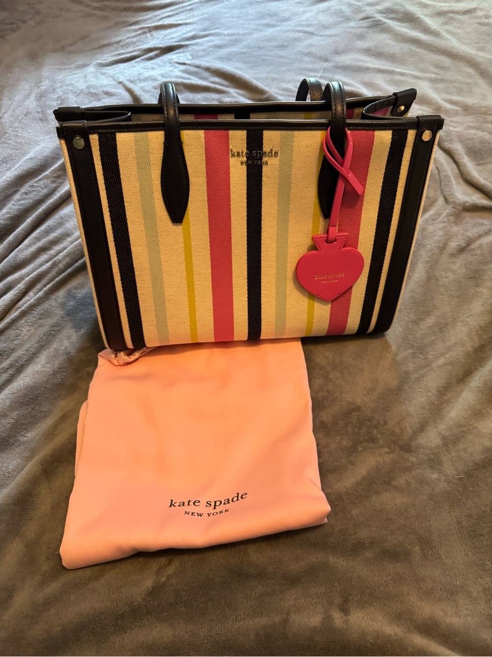 Kate Spade Market Stripe Canvas Tote with Pink Heart Charm